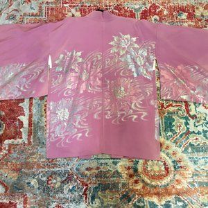 Mauve Pink Silk Kimono w/ Iridescent Blue-Green Flowers- Flawed